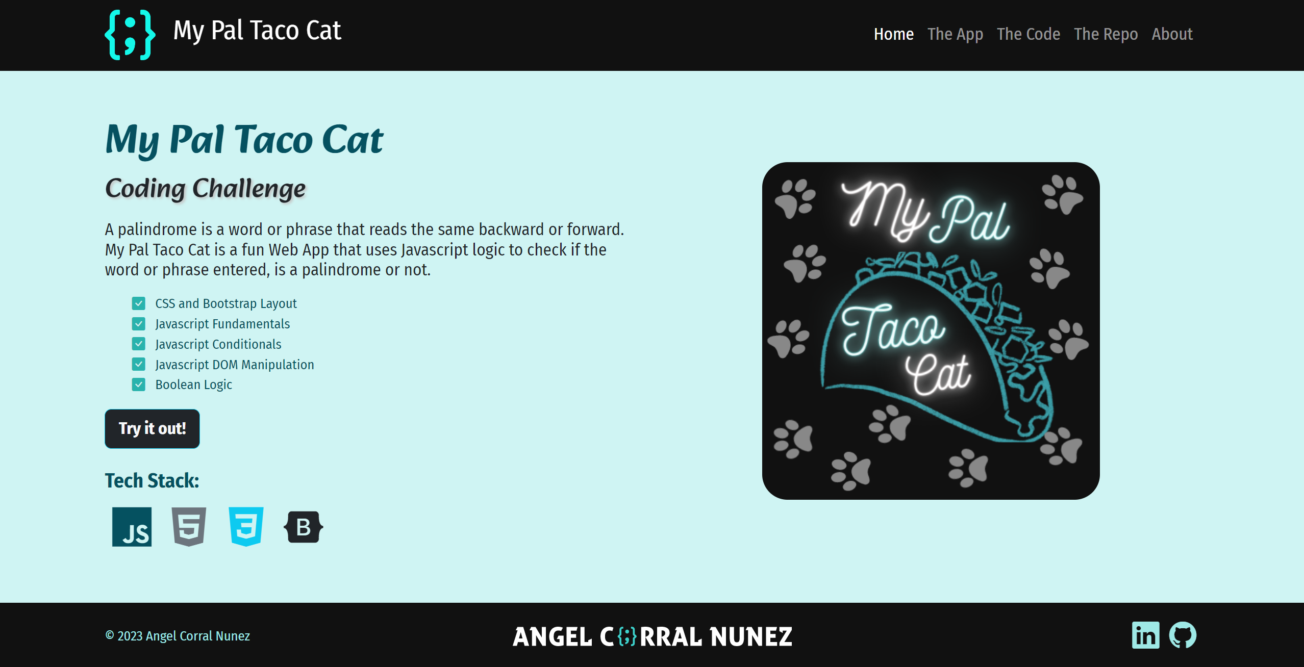 Screenshot of My Pal Taco Cat Home Page